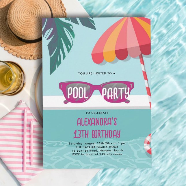 Pool Party Modern Tropical Leaf Cute Teen Birthday Invitation (teen pool party invitations for girls tween thirteen pink sunglasses tropical leaf cute modern cool)