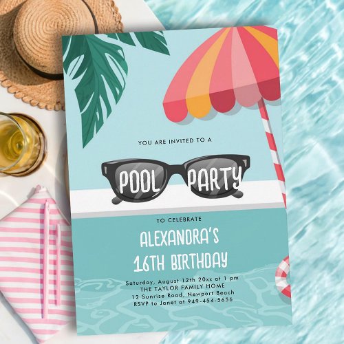 Pool Party Modern Tropical Leaf Fun Cute Sweet 16 Invitation