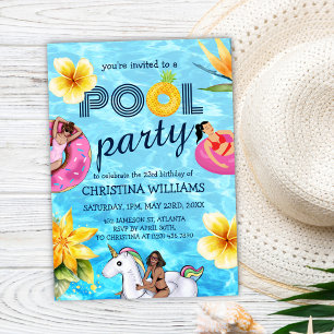 Pool Party Modern Tropical Summer Birthday Invitation