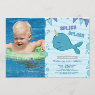 Pool party narwhal birthday photo invitation