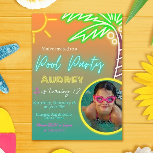 Pool Party Neon Invitation with Picture
