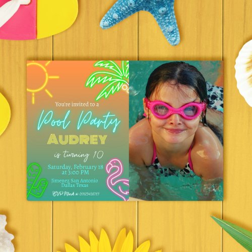 Pool Party Neon Landscape Invitation