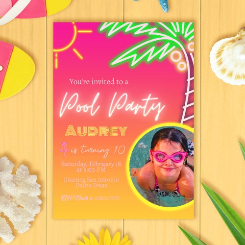 Pool Party Neon Pink with Photo Invitation