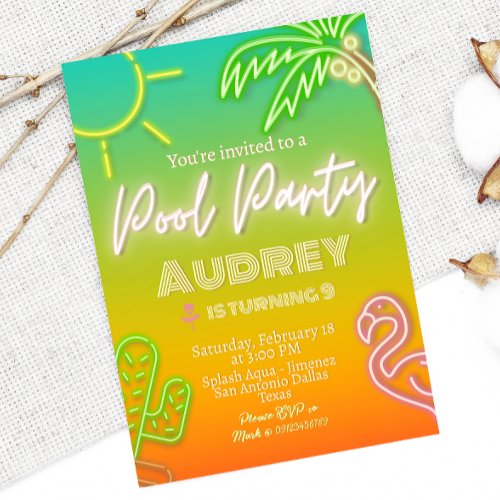 Pool Party Neon Tropical Invitation