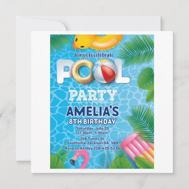 pool party personalised birthday party invitation  (Front)