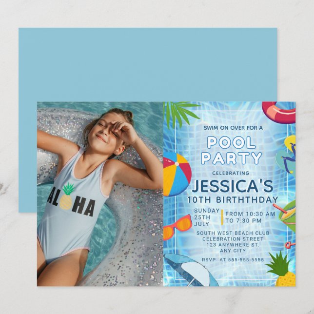 Pool Party Photo Splish Splash Pool Birthday Invitation (Front/Back)
