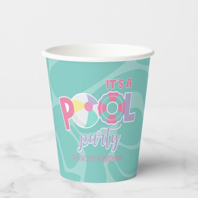 Pool party Pink and Purple Girl Birthday Paper Cups (Front)