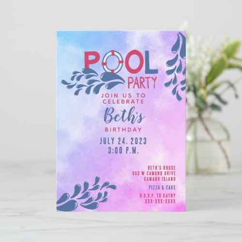 Pool Party Pink  Blue Girls Invitation