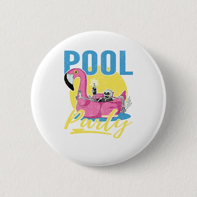 Pool Party Pink Flamingo Skull Button (Front)