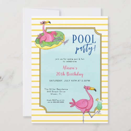 Pool Party Pink Flamingos Birthday party  Invitation