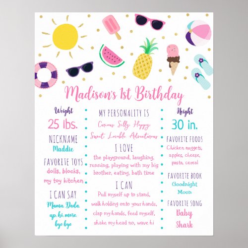 Pool Party Pink Gold First Birthday Milestone Poster