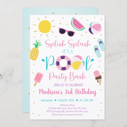 Pool Party Pink Gold Girl Birthday Invitation