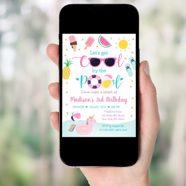 Pool Party Pink Gold Girl Birthday Invitation (Front Digital)