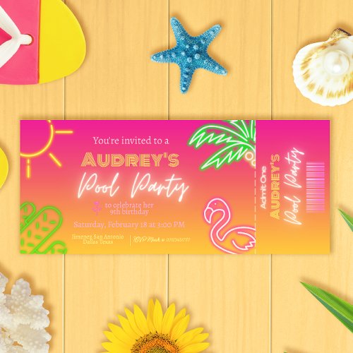 Pool Party Pink Neon Ticket Invitation