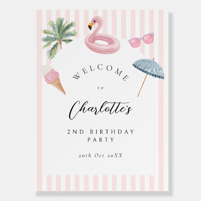 Pool Party Pink Stripes Birthday Welcome Sign (Front)