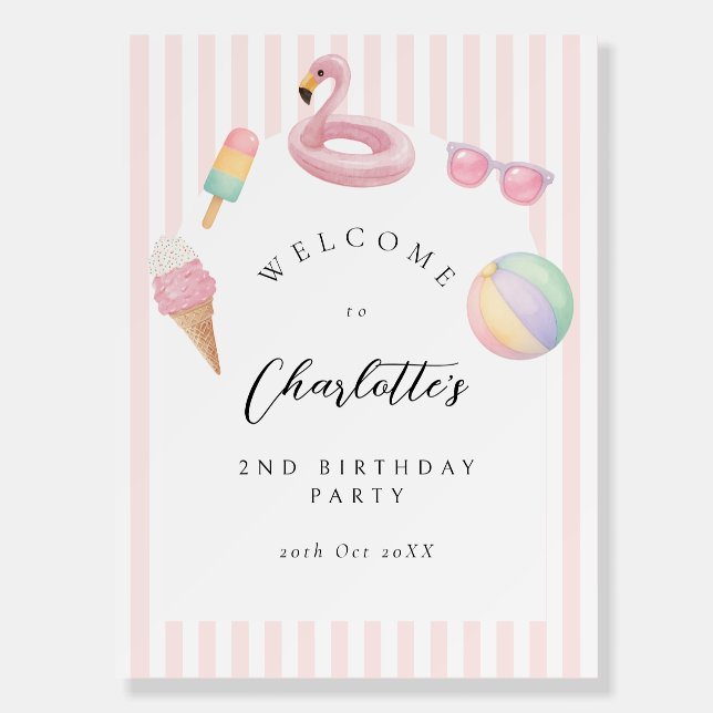 Pool Party Pink Stripes Birthday Welcome Sign (Front)