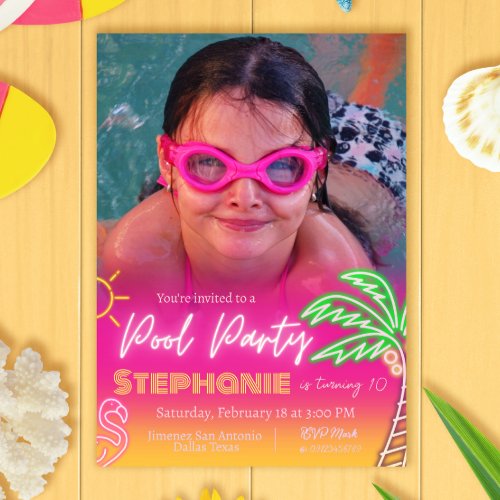 Pool Party Pink with Photo Minimalist Invitation