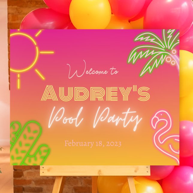 Pool Party Pink Yellow Neon  Welcome Sign (Pool Party Pink Yellow Neon Welcome Sign)