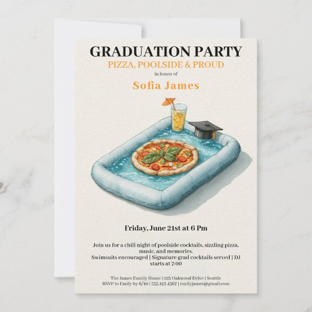 Pool Party Pizza Graduation Celebration Invitation (Front)