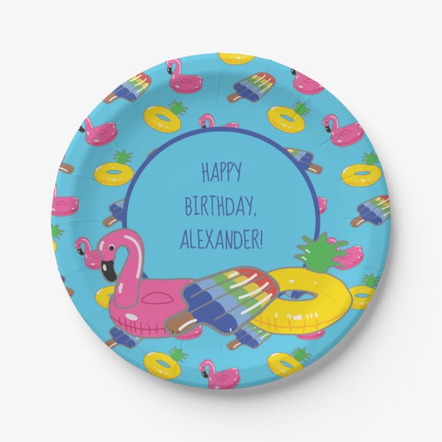 Pool Party Pool Floats Patterned Personalized Paper Plates (Front)