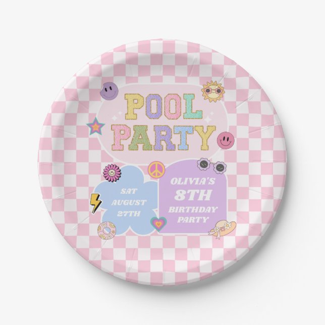 Pool Party Preppy Varsity Patch Birthday Party Paper Plates (Front)
