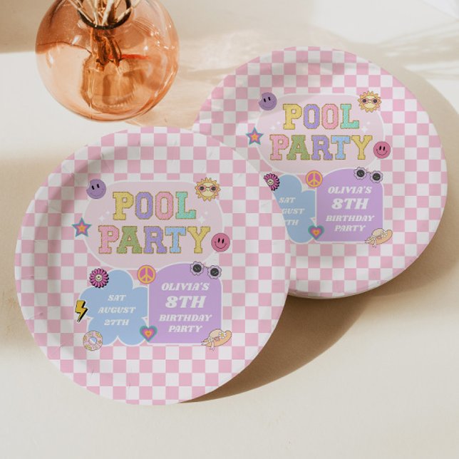 Pool Party Preppy Varsity Patch Birthday Party Paper Plates (Creator Uploaded)