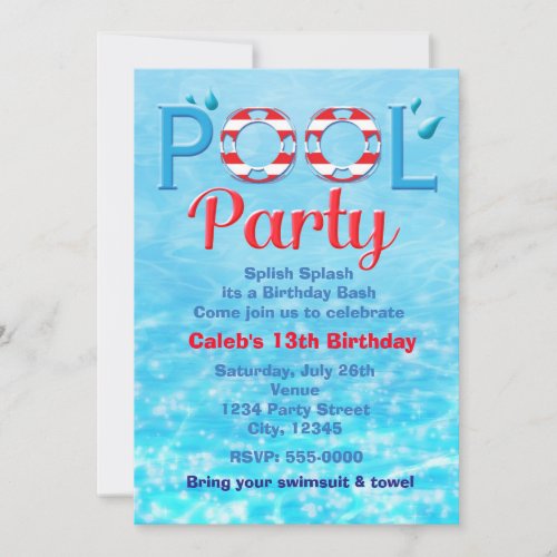 POOL PARTY Red Birthday Typography Swim Invitation