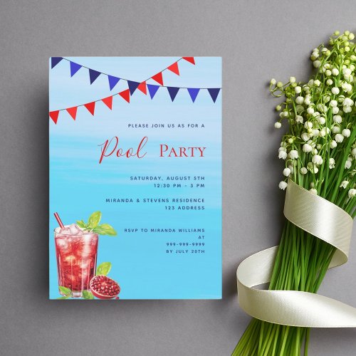 Pool party red drink blue water invitation