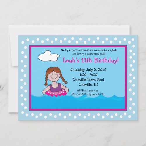 POOL Party Red head Girl 5x7 Birthday Invitations