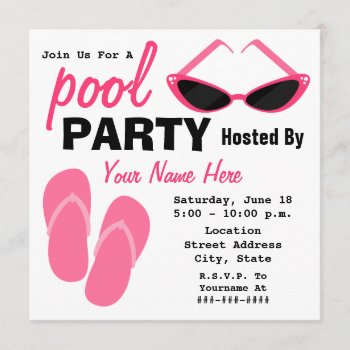 Pool Party - Retro Cat Eye Sunglasses & Flip Flops Invitation by thepinkschoolhouse at Zazzle