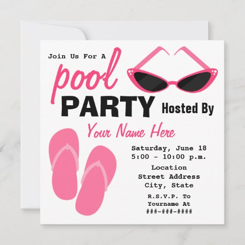 Pool Party - Retro Cat Eye Sunglasses &amp; Flip Flops Invitations