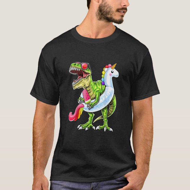 Pool Party Rex Dinosaur Unicorn Float Summer T-Shirt (Front)