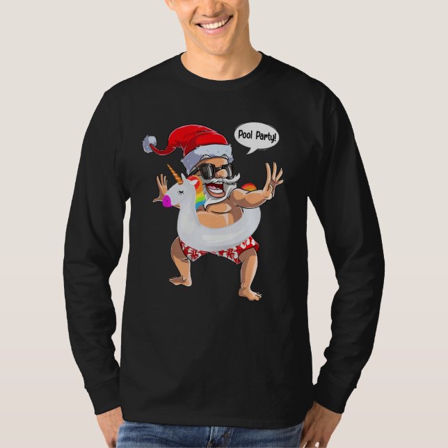 Pool Party Santa Unicorn Float Swimming Christmas  T-Shirt (Front)