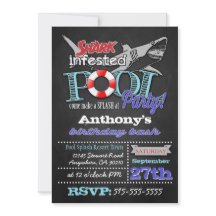 Pool Party Shark Birthday Invitations