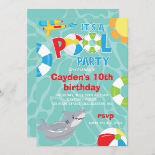 Pool Party shark pool float Summer boy Birthday Invitation
