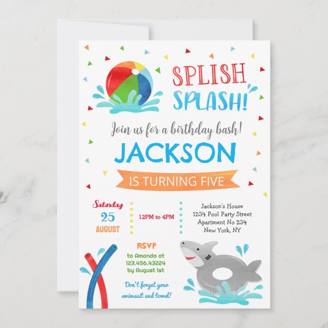 Pool Party Shark Summer Boy Birthday Invitations (Front)