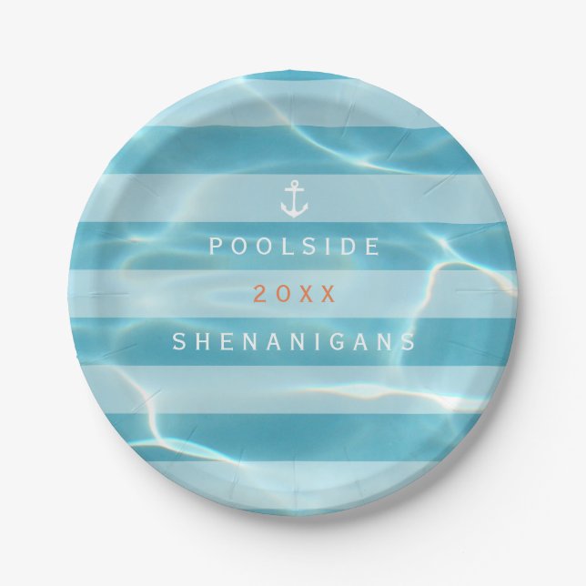 Pool Party Shenanigans Nautical Aqua Paper Plates (Front)