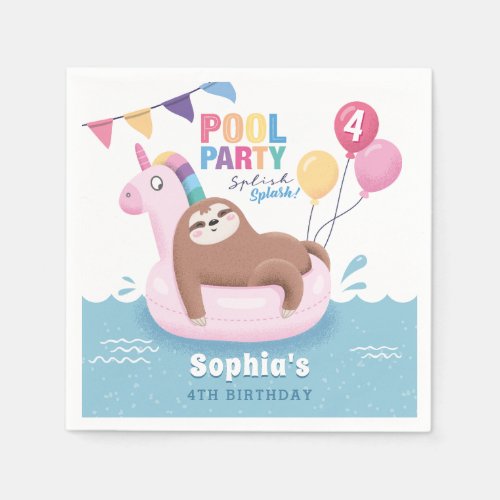 Pool Party Sloth with Balloons Summer Birthday Nap Napkins