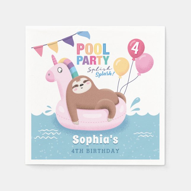 Pool Party Sloth with Balloons Summer Birthday Nap Napkins (Front)