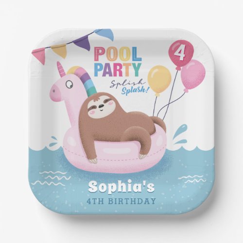 Pool Party Sloth with Balloons Summer Birthday Paper Plates