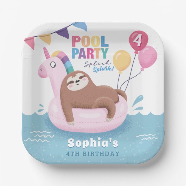 Pool Party Sloth with Balloons Summer Birthday Paper Plates (Front)