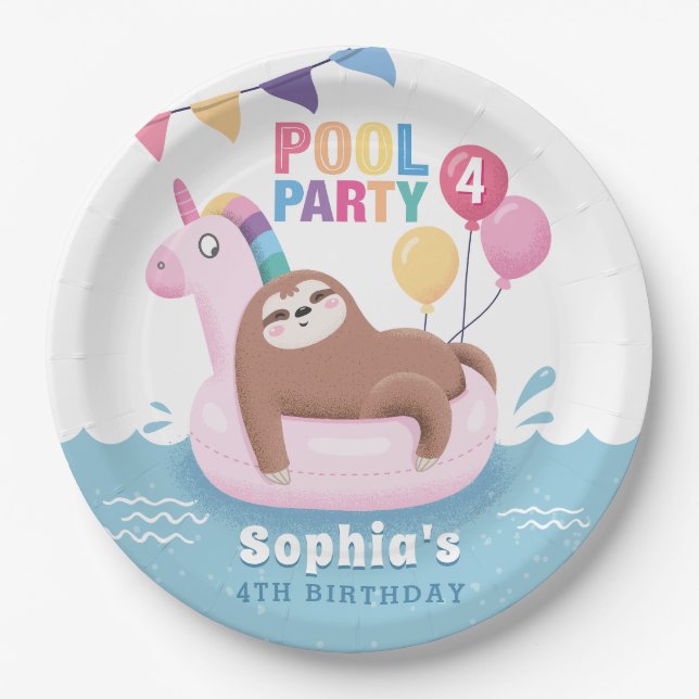 Pool Party Sloth with Balloons Summer Birthday Paper Plates (Front)