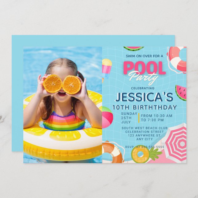 Pool Party Splish Splash Pool Birthday Invitation (Front/Back)