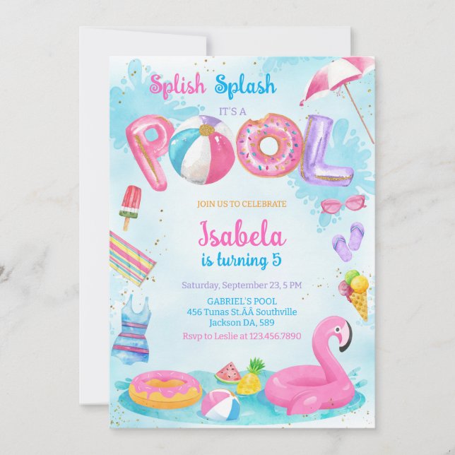 Pool Party Splish Splash Summer Beach Birthday Invitation (Front)