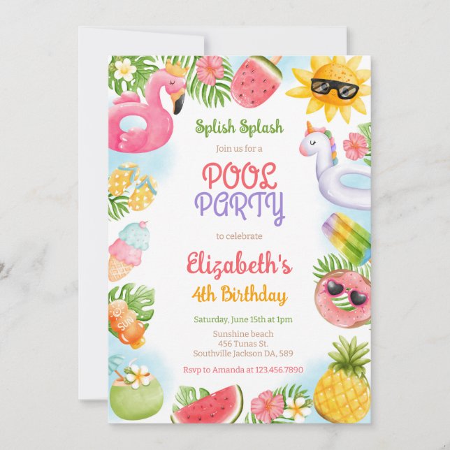 Pool Party Splish Splash Summer Beach Birthday Invitation (Front)
