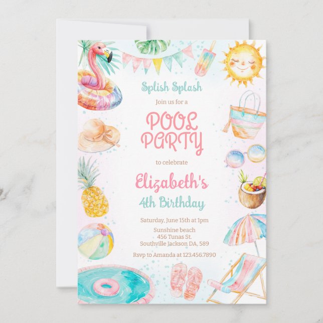 Pool Party Splish Splash Summer Beach Birthday Invitation (Front)
