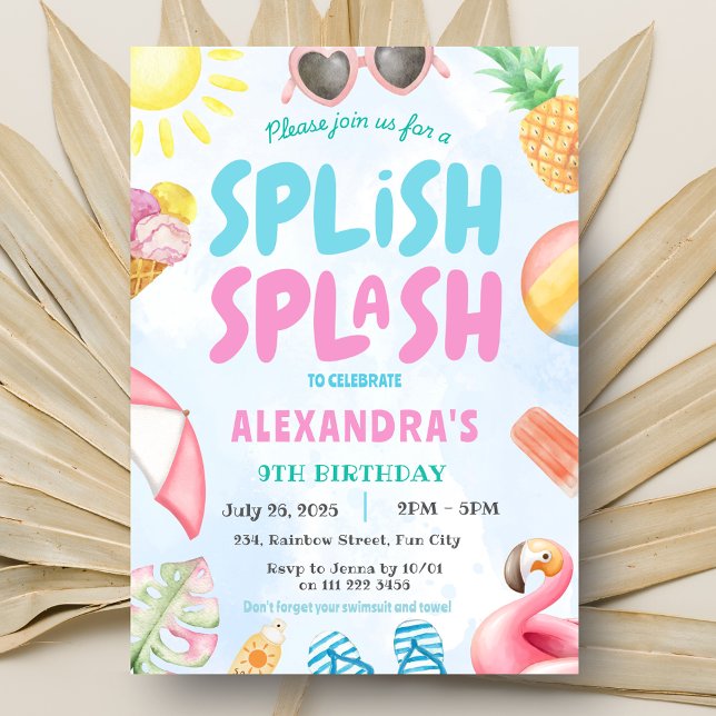 Pool Party Splish Splash Summer Birthday  Invitation (Pool Party Splish Splash Summer Birthday Invitation)