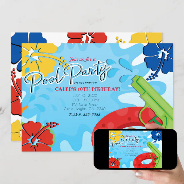 Pool Party Squirt Gun Water Fun Summer Hibiscus Invitation Zazzle