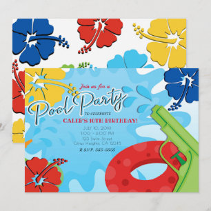 Pool Party Squirt Gun Water Fun Summer Hibiscus Invitation