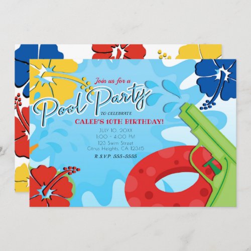 Pool Party Squirt Gun Water Fun Summer Hibiscus Invitation